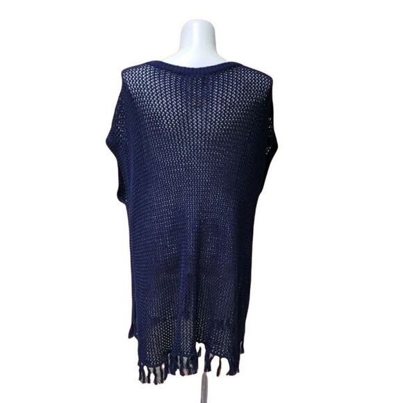 Tommy Bahama Blue Oversized Crochet Tunic Knit Fringe Kaftan Cover-Up Top‎ S/M - Picture 4 of 8